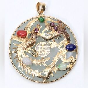 Vintage 14K Yellow Gold Chinese Multi-Stone Bi Disk with Dragon & Phoenix Motif